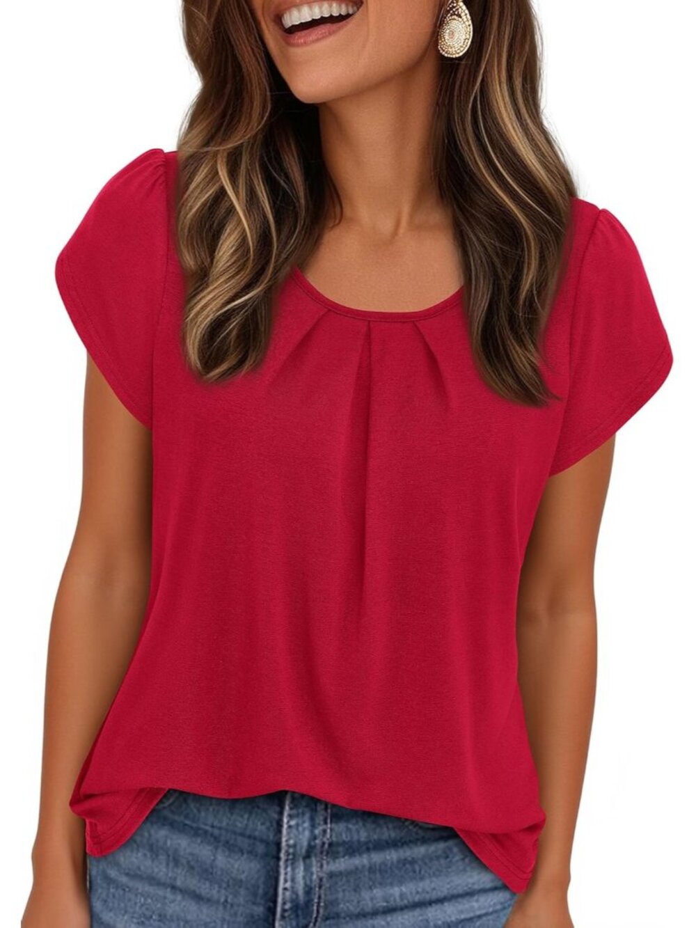 Women's Red Short Sleeve Pull On Crew Neck Casual Tops Imported T Shirts